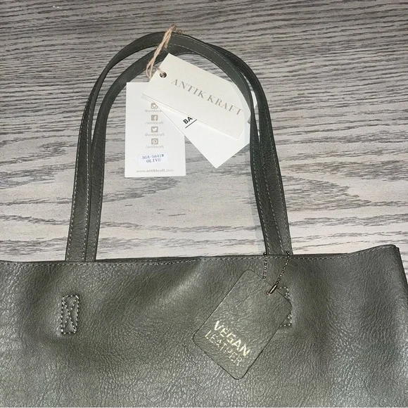NWT Antik Kraft Olive Green Vegan Leather Tote Bag (1) - Picture 3 of 5
